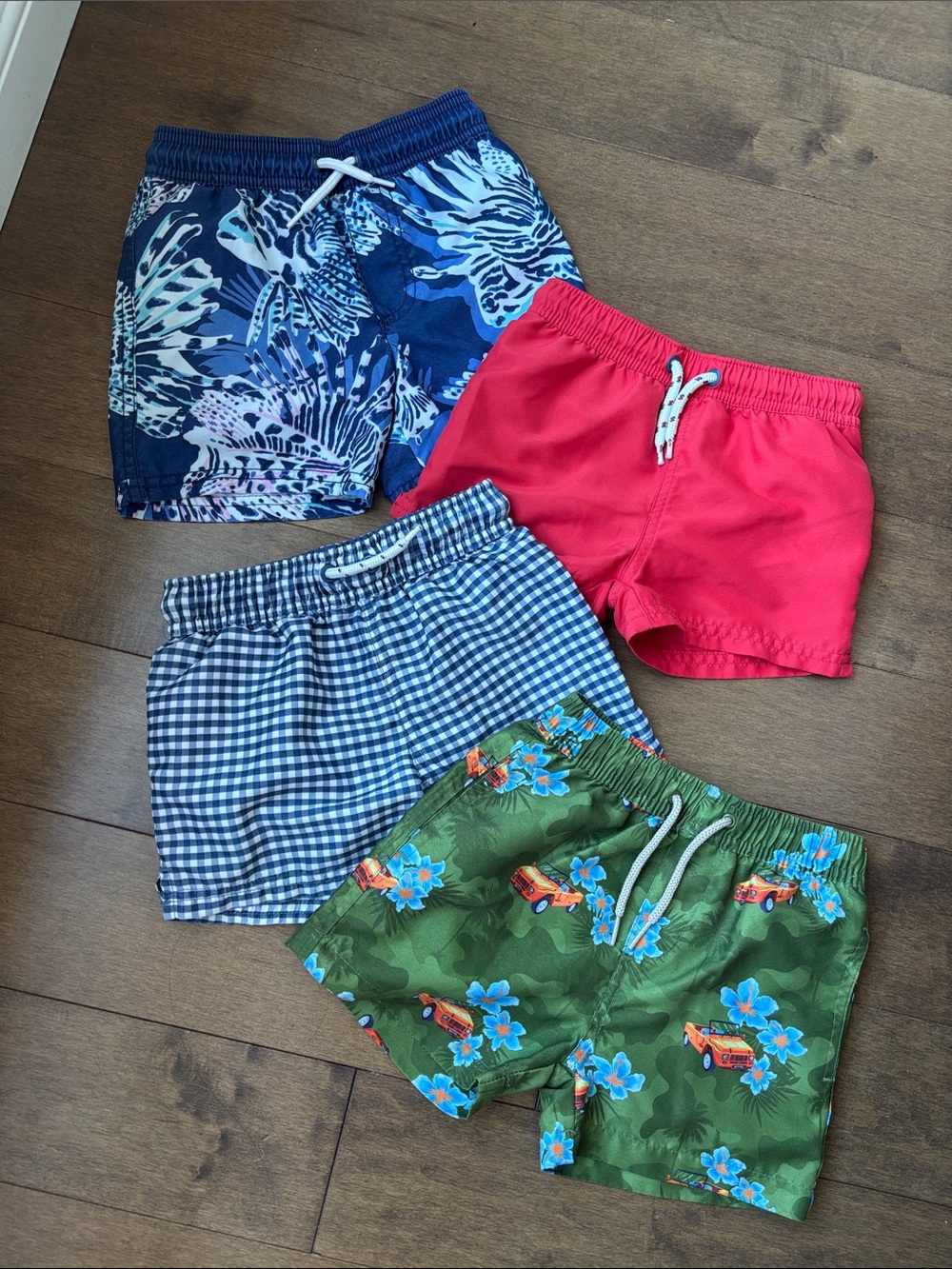 Kids Swim Shorts Set - Red, Blue, Green Floral & Blue Gingham